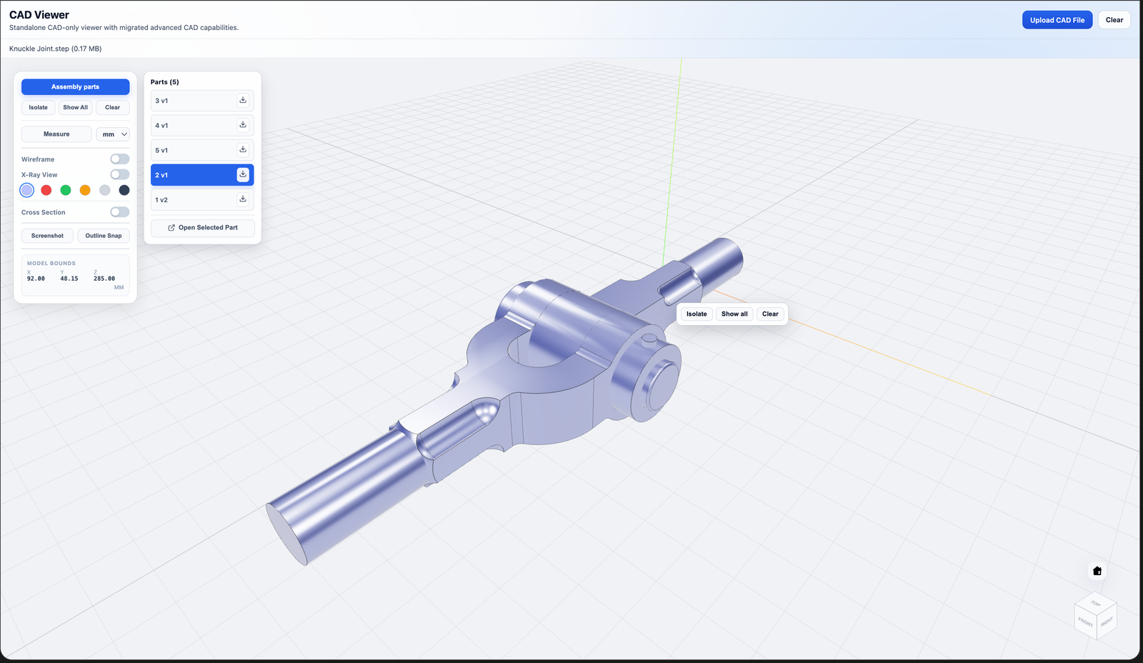 CAD Viewer showing a multi-part STEP assembly disassembled into separate components, with one part selected and ready to export as its own STEP file